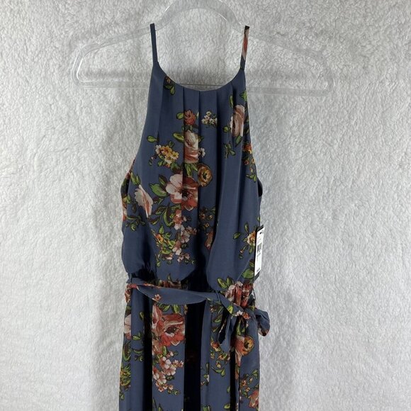 BCX NWT Womens M  Floral Blue Halter Maxi Slit Pleated Dress Belt Sheer Overlay - Picture 8 of 16